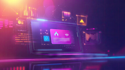 Fototapeta premium Futuristic digital laptop screen displaying security and connectivity features with vibrant purple and orange hues.