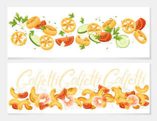 Ready for eat dish italian pasta rotelle cuisine staples and creste di galli vector illustration on white background. Greetings card or web banner design. Perfect theme for menu