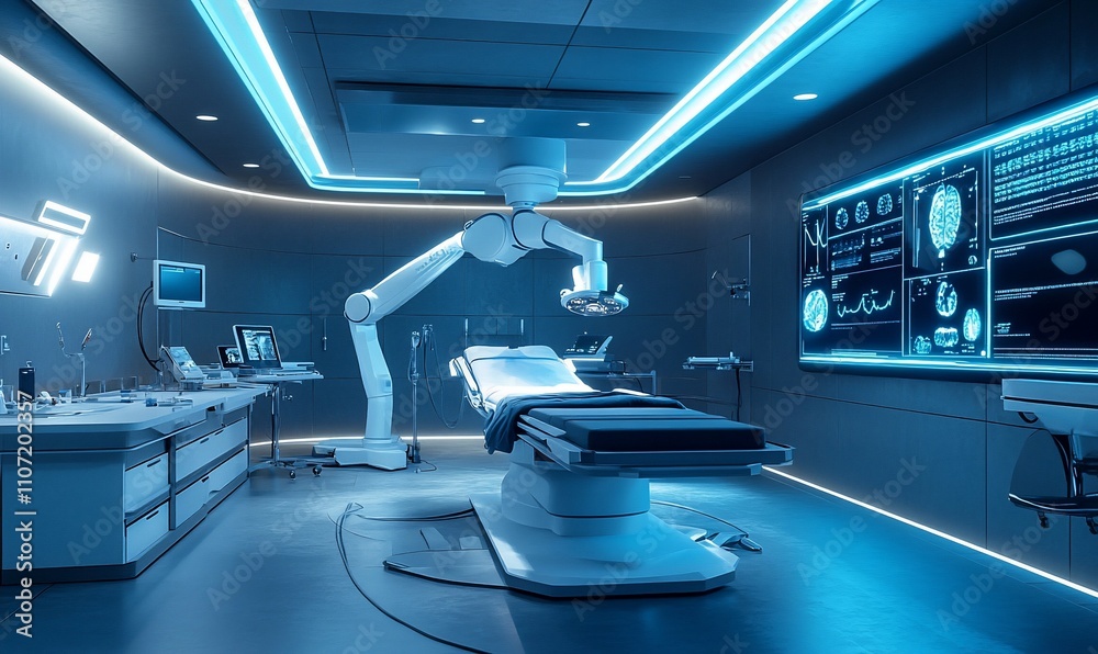Poster A futuristic operating room equipped with advanced robotic technology.