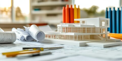 A scale model of a modern building on an architect's desk, surrounded by design tools and blueprints
