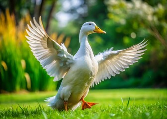 Obraz premium Humorous Domestic Duck Flapping Its Wings on a Lush Green Lawn – Captured in Full HD Slow Motion on a Charming Farm Setting for Food Photography Enthusiasts