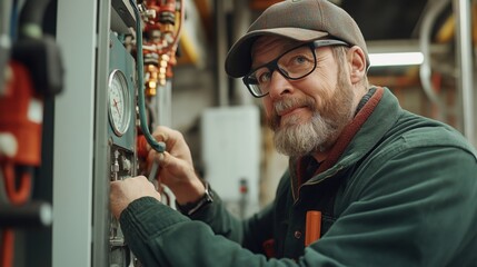 Middle-aged technician adjusting machinery with gauge wearing glasses and a cap in an industrial setting