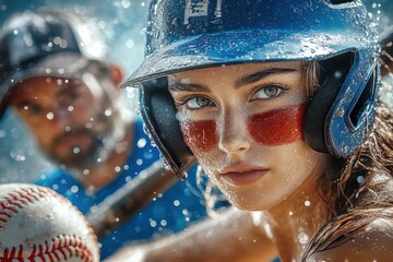 Young female baseball player ready for action during a match with water splashes and focus