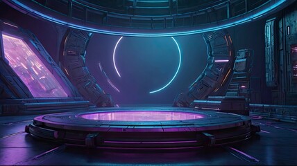 Obraz premium Cyberpunk product podium platform studio with blue and violet spotlight and grunge style textured in spaceship background. Futuristics technology scene concept. 3D illustration rendering graphic