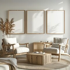 Fototapeta premium Three empty picture frames hang above a living room set with two armchairs. a coffee table. and a rug