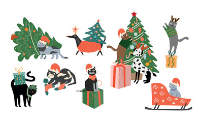 Fototapeta premium Cute Christmas cats and dogs set. Happy adorable New Year pet animals. Isolated flat vector illustrations. 