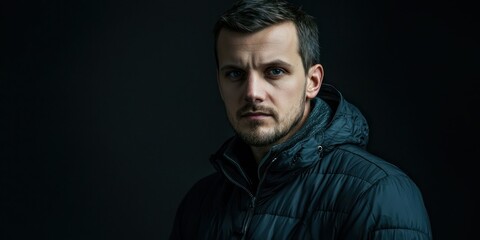 Fototapeta premium A serious portrait of a man with a strong gaze, dressed in a black jacket, set against a dark background for a dramatic effect