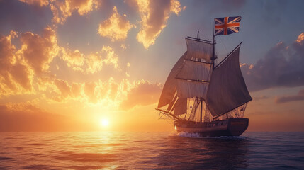 Obraz premium A majestic tall ship with British flag sails across the sea at sunset, surrounded by vibrant clouds and warm hues.