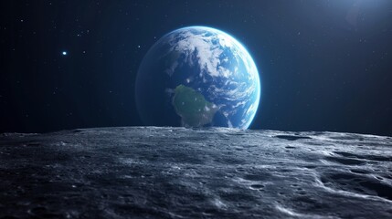 Earth in sunlight view from moon image. Enjoying cosmic landscape with planet from satellite photography scene wallpaper. Researching space bodies concept photorealistic photo