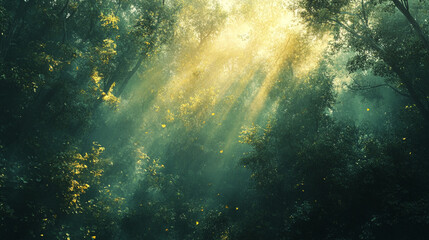 Obraz premium Tranquil forest with sunlight streaming through the trees