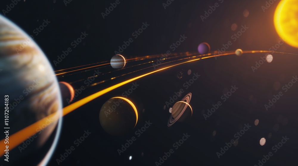 Aufkleber different planers moving along orbits in dark space 3d rendering image. planetary system scheme in c