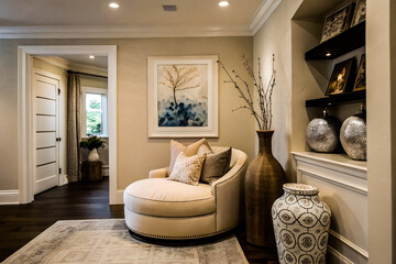 Fototapeta premium A cozy nook in a neutral-toned space features a round chair, soft pillows, abstract art, and decorative vases, showcasing a shabby chic French country interior design in a modern hall.