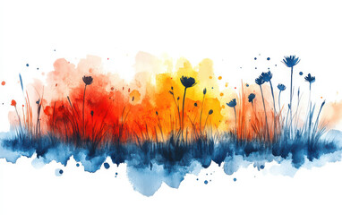 Fototapeta premium Vibrant watercolor landscape with floral silhouettes and colorful splashes