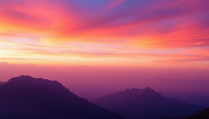 Obraz premium a view of a mountain range with a colorful sunset in the background