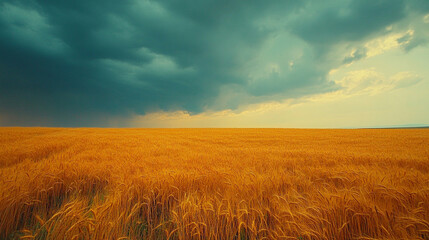 Obraz premium Golden wheat field under a dramatic cloudy sky