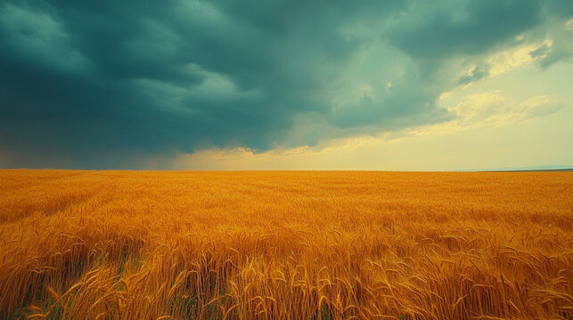 Golden wheat field under a dramatic cloudy sky - Powered by Adobe