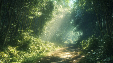 Obraz premium Quiet bamboo forest with dappled sunlight