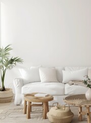 Minimalist living room interior with a white sofa. wooden coffee tables. and a palm plant