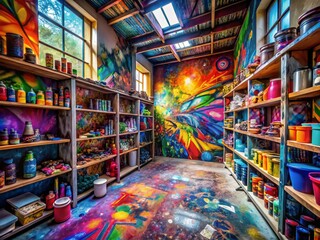 Naklejka premium Vibrant Artist Studio with Spray Paint Cans, Colorful Graffiti, and Murals Capturing the Creative Spirit of Urban Artistry in a Lively and Inspiring Environment