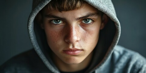 Fototapeta premium A stoic serious portrait of a teenager in a hoodie, looking directly into the camera with a thoughtful expression