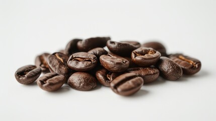 Obraz premium Coffee beans in a random cluster on a white surface, highlighting their natural shapes