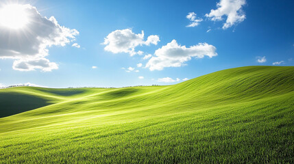 Obraz premium Rolling green hills under a bright blue sky with fluffy clouds