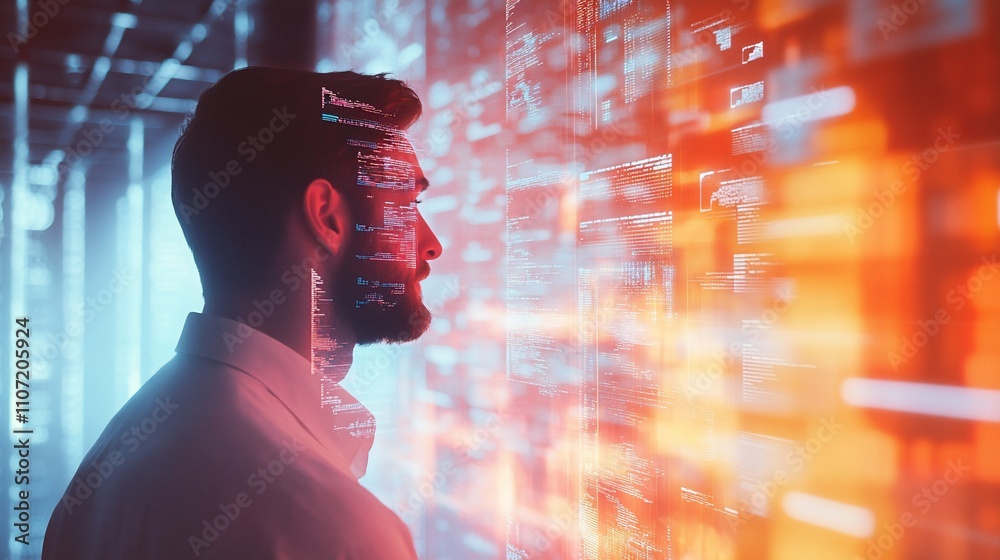 Poster a man gazes at digital data projections in a futuristic setting.