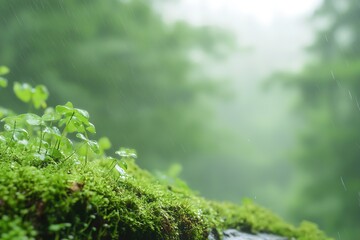 Moss and plants thriving on log in misty forest