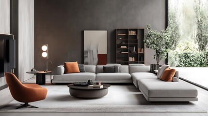 Modern living room setup - Spacious living room with modern furnishings, a minimalist color palette, and open design elements.