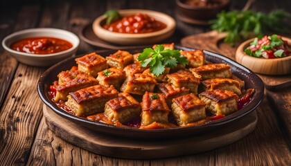 TURKISH LAHEM MAJUN served in a dish isolated on wooden table background side view of appetizer
