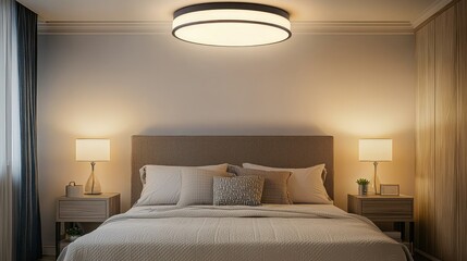 A stylish flush mount ceiling lamp mockup in a contemporary bedroom, casting ambient light over a beautifully made bed and nightstands