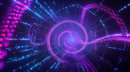 Fototapeta premium Colorful abstract spiral tunnel with glowing dots and vibrant light trails in purple and blue shades