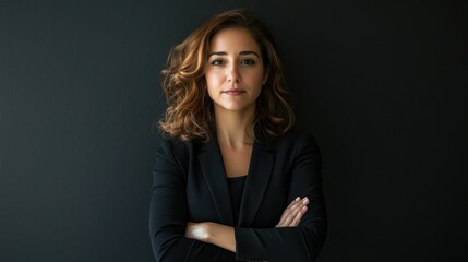 A strong confident portrait of a woman standing with her arms crossed, exuding empowerment in a professional setting