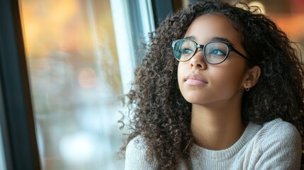 A thoughtful girl portrait of a teenager sitting by a window, lost in her thoughts while gazing outside