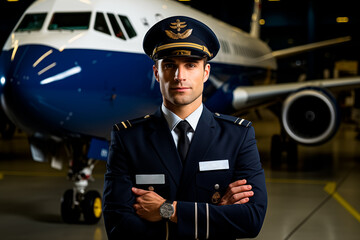 Male pilot with hands crossed in front of a commercial airplane. Image created with AI