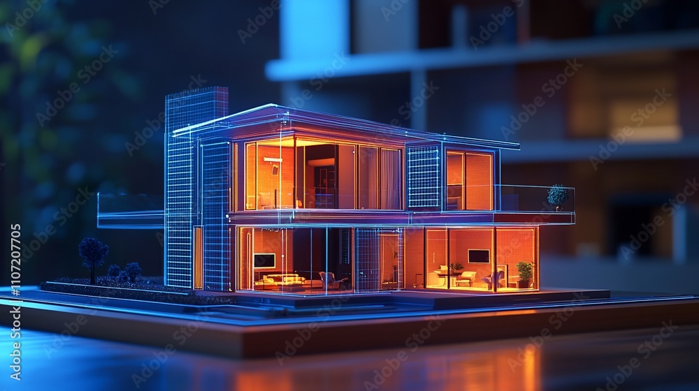 Poster a modern architectural model illuminated with vibrant colors.