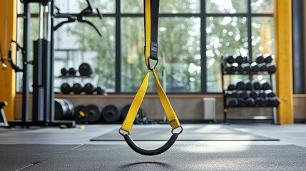 A TRX suspension trainer set up in a gym, with adjustable straps and anchors visible.