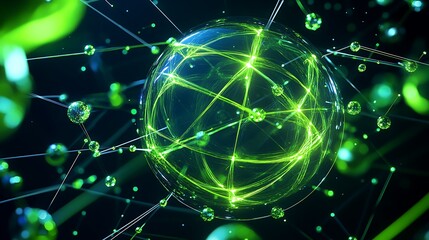 Obraz premium Digital Representation of Abstract Atom Model with Green Lines and Bubbles in a Dark Background