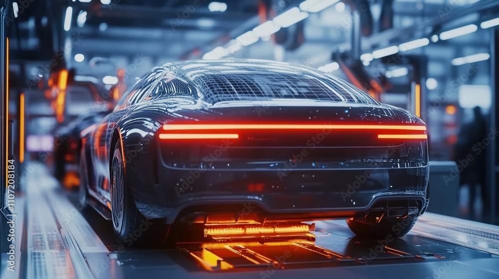 Fototapete a modern car on an assembly line in a high-tech factory setting.