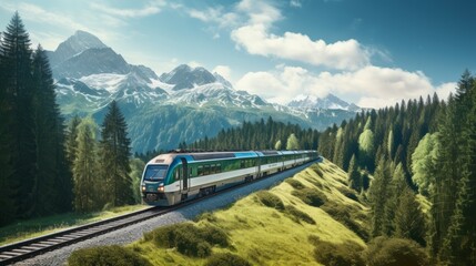 Modern train driving on railroad tracks between mountains in summer day 