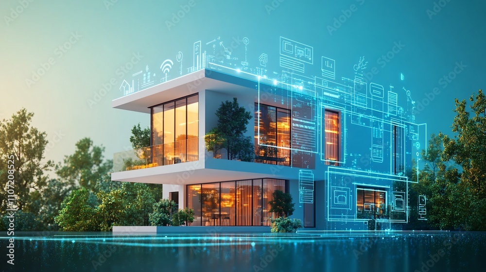Poster a modern house with digital elements representing smart technology.