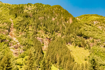 Alpine summer view at Lake Schlegeis Reservoir, Ginzling, Zemmgrund Valley, Schlegeis Alpine Road, Mayrhofen, Finkenberg, Schwaz, Tyrol, Austria