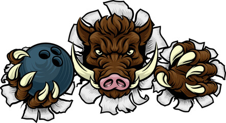 A wild boar, hog razorback warthog pig mean tough cartoon sports mascot holding a bowling ball