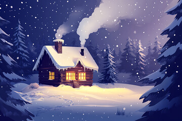 Fototapeta premium A cozy snow-covered cabin in the woods with smoke rising from the chimney, warm glowing windows, surrounded by snow-covered pine trees and falling snow, creating a peaceful winter scene.