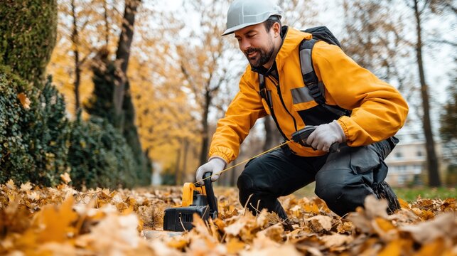 Man in orange safety jacket and helmet using a measuring device outdoors in an autumnal setting with fallen leaves around.