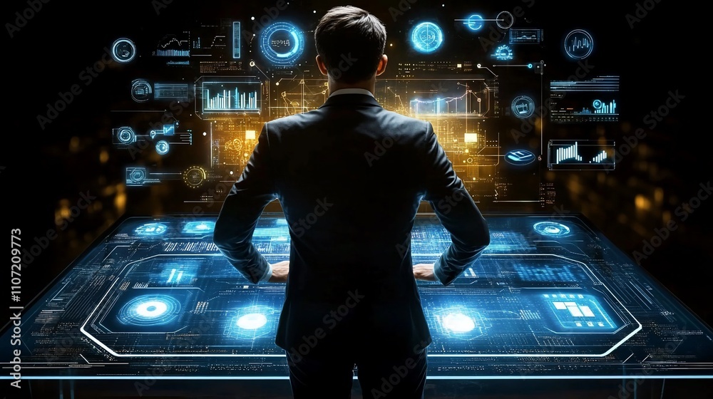 Aufkleber A person interacts with a futuristic digital interface displaying data.