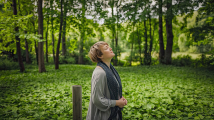 Fototapeta premium Relaxed woman breathing in fresh air, surrounded by lush greenery in a serene forest, enjoying the peaceful atmosphere and connecting with nature.