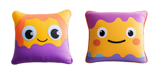 Playful square cushions with colorful cartoon faces image isolated transparent, ai generated. Whimsical touch to decor cut out photo png. Decorative throw pillows cutout objects set photography