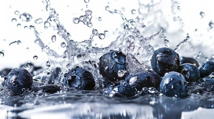 Blueberries water splash on a white background