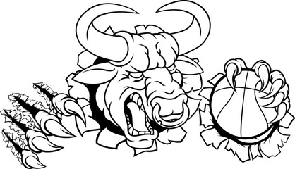 A bull or Minotaur monster longhorn cow angry mean basketball mascot cartoon.